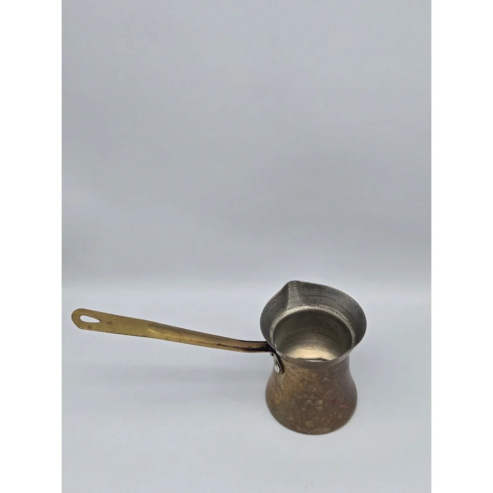 Vintage Brass Turkish Coffee Pot Ibrik Tin-Lined Brass Handle Deep Patina Rustic